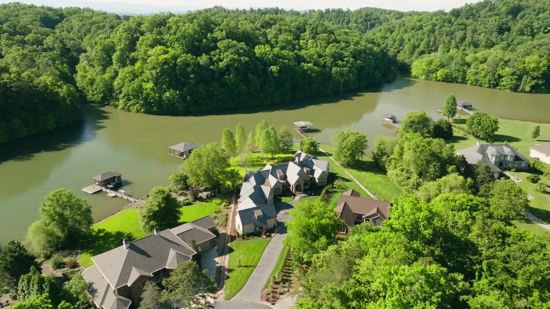 Aerial view of a lakefront Biles custom home